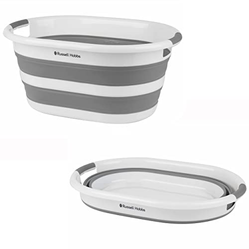 Russell Hobbs LA053879WHTEU cesta de lavado plegable, 27L Cesta de colada, Para Guardar Pinzas Y Ropa Sucia o Limpia, contenedor de almacenamiento, asas ergonómicas, ahorra espacio, blanco/gris