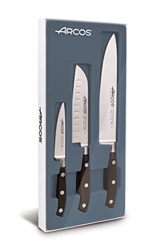 ARCOS Juego de 3 Cuchillos de Cocina: 1 Cuchillo Mondador + Santoku + Cuchillo Chef. Set Cocinero con Hoja de Acero Inoxidable y Mango en Polioximetileno. Serie Riviera. Color Negro