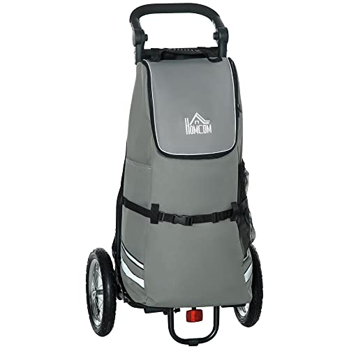 HOMCOM 2 en 1 Remolque de Bicicleta para Carga 22 kg Carro de la Compra Plegable con Bandera Mango de Empuje Desmontable 2 Bolsillos Laterales Marco de Acero y Reflectores 53x43x110 cm Gris