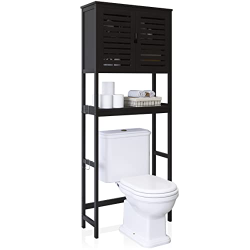 SMIBUY Armario para el Inodoro en el Baño, Organizador de 2 Puertas de Bambú, Estante para el Inodoro con Estante Interior Ajustable y Estante Abierto (Negro)