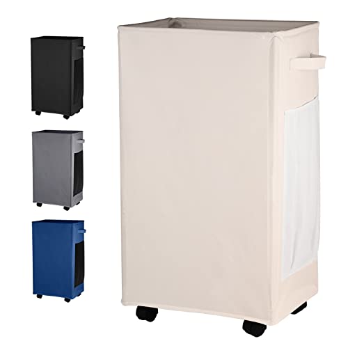 IHOMAGIC 84L Extra Grande Cesta de Lavandería con Bolsillos de Malla, Cesto para la Colada Estrecha sobre Rueda, Cesto de Ropa con Asas Laterales, Plegable, para almacenar esterillas de Yoga (Beige)