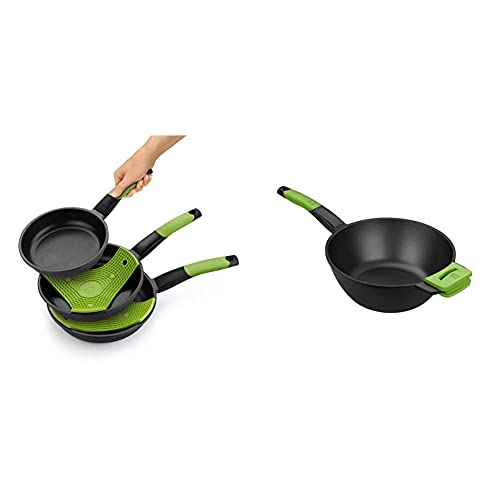 Bra Prior Set De 3 Sartenes, Aluminio, Negro, 20-24-28 Cm + Prior Wok Con Mango, Aluminio Fundido Con Antiadherente, Apto Inducción, Diámetro Superior 28 Cm, Diámetro Base 15 Cm