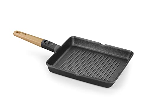 BRA MARKET - Grill rayas 28 cm, aluminio fundido, mango desmontable madera natural, antiadherente tricapa sin PFOA, apta para todo tipo de cocinas incluido inducción