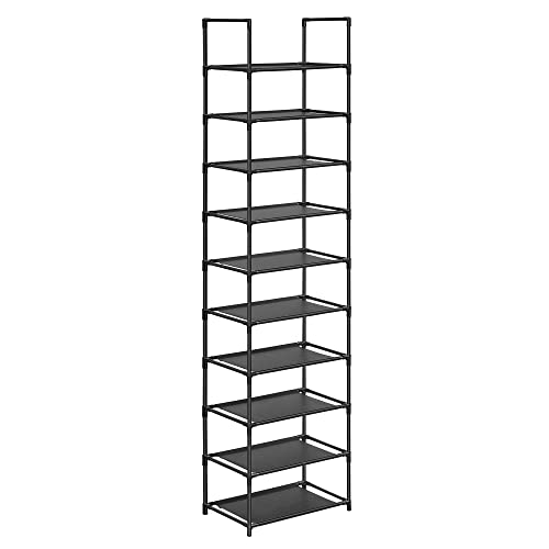 SONGMICS Zapatero, Organizador Zapatos,10 Baldas, Zapatero Abierto Estrecho, 28 x 45 x 173 cm, Marco de Metal, Estantes de Tela no Tejida, para Pasillo, Dormitorio, Negro LSH010B02