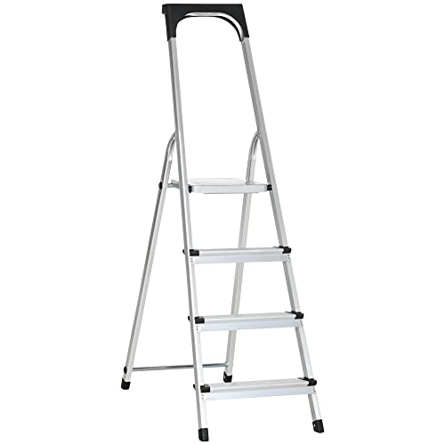 DURHAND Escalera Plegable de Aluminio con Bandeja Magnética Escalera de 4 Peldaños con Base Antideslizante Carga 150 kg para Cocina Casa Exterior 44x89x143 cm Plata