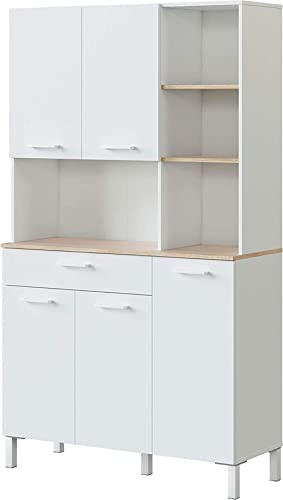 Alacena de Cocina, Aparador Comedor, Mueble Auxiliar 5 Puertas + 1 Cajon y Estante Interior, Acabado en Blanco Artik y Roble Canadian, Medidas: 108 cm (Ancho) x 186 cm (Alto) x 40 cm (Fondo)