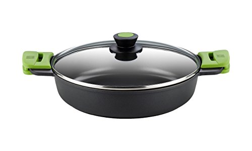 BRA Prior- Cacerola Baja con Tapa de Cristal y Asas de Silicona, Apta para Todo Tipo de Cocinas Incluida Inducción y Horno, Color Negro, 28 cm