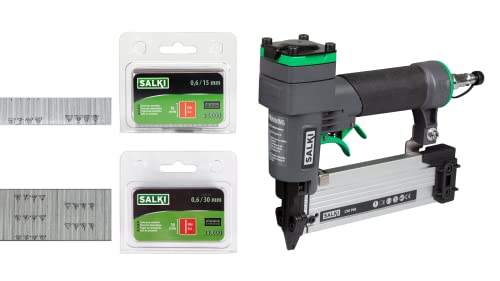 SALKI Pack Clavadora CSK P06 + Blister Salki Pin 0,6 15mm y 30mm B - Pistola de clavos neumática - Grapadora para trabajos de carpintería