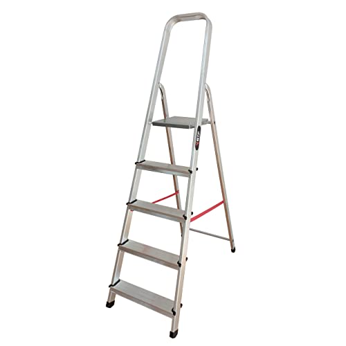 BTF Escalera de Aluminio de Tijera Plegable 5 peldaños | Resistente, Ligera y Antideslizante. con Gancho Soporte de Pared, Ideal para el Uso doméstico. BTF-TJL105