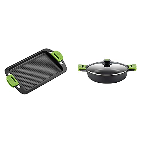 BRA Plancha Asar, Negro, 40 Cm + Prior- Cacerola Baja Con Tapa De Cristal Y Asas De Silicona, Apta Para Todo Tipo De Cocinas Incluida Inducción Y Horno, 28 Cm