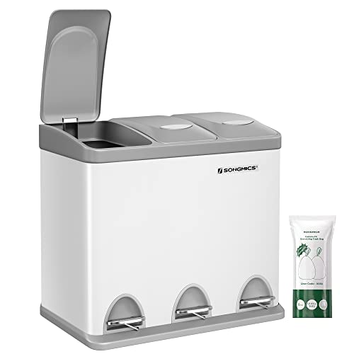SONGMICS Cubo de Basura de Cocina, Basurero Clasificador 3 x 8 L, con Tapas, Triple Cubo de Acero para Familias Pequeñas, Pedales y Cubos, Fácil de Limpiar, Blanco y Gris LTB24WT