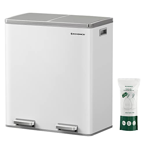SONGMICS Cubo de Basura, 2 x 30 L, 2 Cubos, Reciclaje, Pedal de Metal, 15 Bolsas de Basura, Cubos Interiores de Plástico y Asas, Tapa con Bisagras, Cierre Suave, Hermético, Blanco y Gris LTB60WT