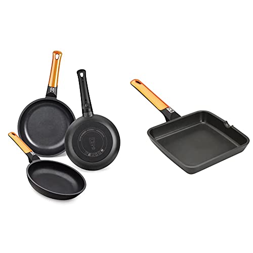 BRA Efficient Orange Set De 3 Sartenes, Aluminio, Negro, 20-24-28 Cm + Efficient Orange Grill Asador Liso, Aluminio Fundido Con Antiadherente Platinum Plus, Apto Para Inducción, 28 Cm