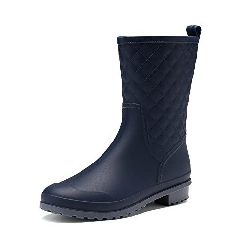 DREAM PAIRS Botas de goma para mujer, medias altas, impermeables, botas de lluvia, botas cortas, para exteriores, antideslizantes, azul marino, 38 EU