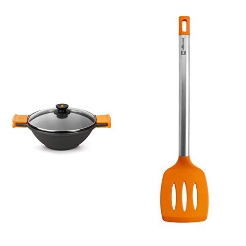 BRA Efficient Sartén Wok Cacerola Cóncava Con Tapa De Cristal, Asas De Silicona, Metal, Negro, 32Cm + Efficient Espátula De Cocina, Acero Inox, Nailon Y Silicona, Naranja, 36.5 Cm