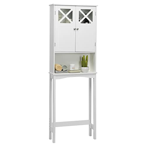 COSTWAY Armario de Almacenamiento sobre el Inodoro, Armario X de Dos Puertas con Cristal Templado de Alta Resistencia, Estante Ajustable y Barra Inferior 60 x 20 x 173 cm
