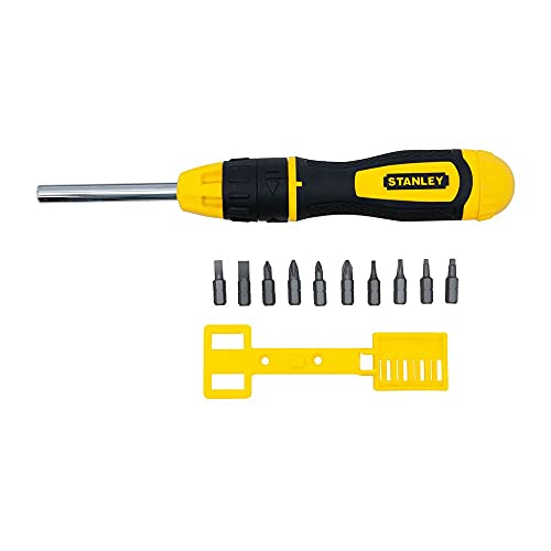 STANLEY 0-68-010, Destornillador de carraca multipuntas con 10 puntas,Dynagrip, Anticorrosión, Cabeza magnética, Carraca de 3 posiciones, Mango bimaterial, Doble almacenaje de puntas