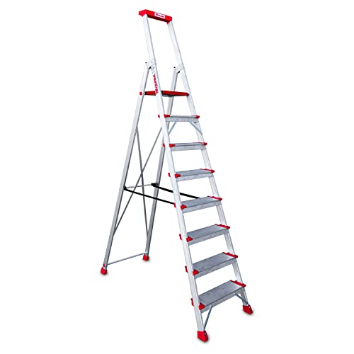 Faraone - Escalera de Aluminio EN948-8 peldaños - Escalera de Tijera Profesional - 258x56x15 cm - con Bandeja Portaobjetos y Barandilla - Peso soportado de hasta 150 kg