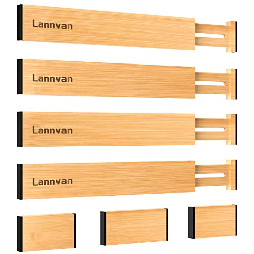 Lannvan 4 Piezas Separadores de Cajones, Separador Cajones Ajustable de Bambú, Organizador de Cajones de Cocina con Resorte para Cocina, Cómoda, Baño, Dormitorio, Oficina, 34-43.5 cm, Naturaleza