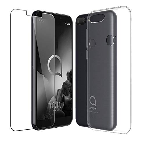 PZEMIN Funda para Alcatel 1S 2019 Silicona Transparente Suave TPU Anti-Daños Carcasa Case Estuche Caso + Película Protectora para Alcatel 1S 2019 Cristal Templado Membrana (5.5