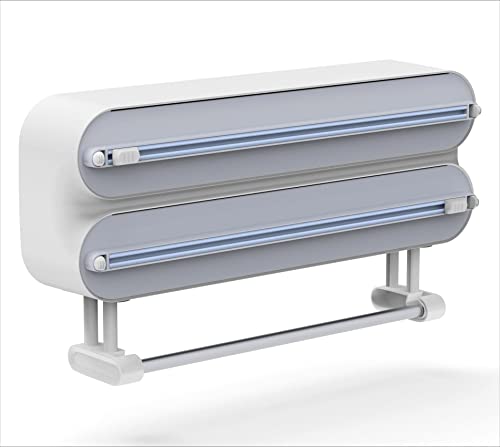 Quasziwa Dispensador Papel Aluminio y Film con Portarrollos Cocina - Organizador Mejorado Magnético de Papel Film Transparente con Hoja Afilada de Larga duración, Soporte Papel Cocina 3 en 1, Blanco