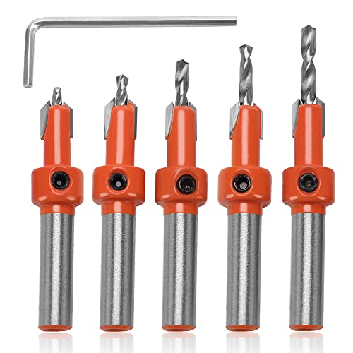 YIXISI 5 Piezas 8mm Brocas Avellanadas para Carpintería, Brocas Cónicas, HSS Countersunk Broca Set, Broca Carpintería Herramienta, con Llave Hexagonal y Tornillo