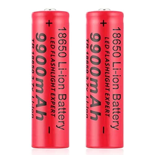 2 pcs Pilas Recargable, 3,7V Litio Batería, Li-Ion Recargable Batería, 9900mAh Alta Capacidad Batería Linterna/Dron/Luces Solares, Batería Top Botón de Larga Vida para Coches RC