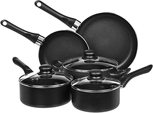 Amazon Basics Juego de utensilios de cocina antiadherentes, 8 Unidads (5 ollas + 3 tapas), Negro