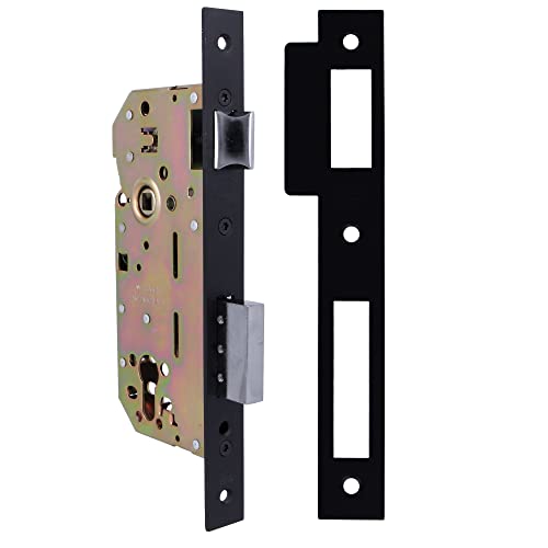 Amig - Cerradura de Embutir para Puertas de Madera | Con Paletón de Cierre | Frente y Soporte en Canto Cuadrado | Entrada de 50 mm | Picaporte reversible | Acero | Negro Mate | 240 mm