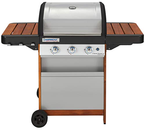 Barbacoa de gas Campingaz 3 Series Woody LX con 3 quemadores de acero inoxidable y bandejas laterales plegables de madera, barbacoa de pie con tapa y termómetro, sistema de limpieza InstaClean