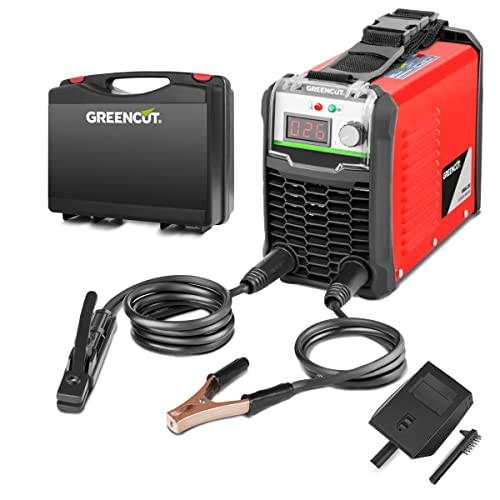 GREENCUT MMA200 - Soldador inverter turbo ventilado de corriente continua DC, 200A, potencia regulable, con tecnología iGBT, máquina de soldar portátil, color rojo