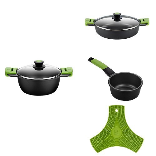 BRA PRIOR - Cacerola alta, 24 cm + Cacerola baja, 28 cm + Cazo, 16 cm + BRA Safe - Salvamanteles de silicona multiusos imantados, 2 unidades, color lima