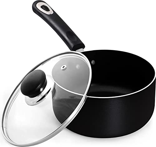 KICHLY Cacerola antiadherente con tapa de cristal – Uso multiusos para la cocina del hogar o restaurante (18 cm, negro)