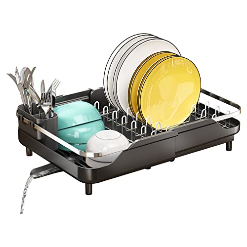 SAYZH Escurridor de Platos, Escurreplatos de Acero Inoxidable, Escurridor de Platos Extensible para Fregadero con Soporte para Vasos con Boquilla de Drenaje Automático para Encimera de Cocina(Negro)