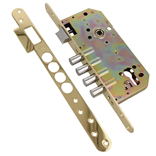 amig, Cerradura de Embutir Con Bulones para Puertas de Madera Mod. 101 BASE, Sin Cilindro y Escudo de Seguridad, Picaporte Reversible, Acero Latonado Barnizado, 50/85 mm