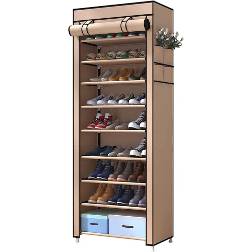 Dekohome Zapatero Estante de Tela de 10 Alturas y con Cubierta Frontal, Organizador de Zapatos Color Marrón Ideal para Optimizar Espacio, Simple Marrón