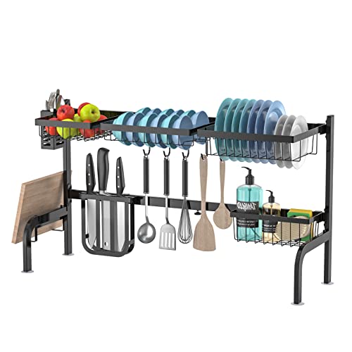 COSTWAY Escurridor de Platos, Escurreplatos sobre el Fregadero, Escurreplatos Ajustable en 2 Niveles (53-99 cm) , Acero Inoxidable 4 Cestas y 8 Ganchos, Soportes para Utensilios y Cuchillos