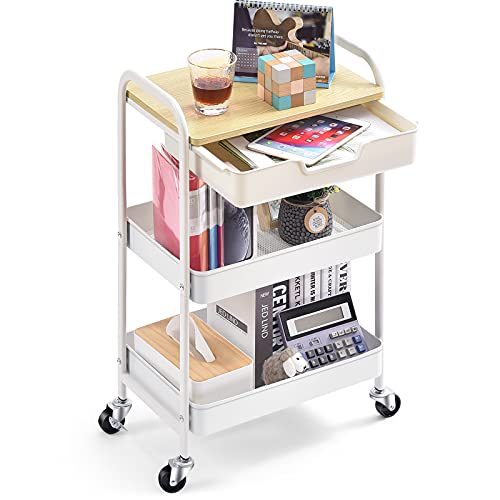 KINGRACK Carro Cocina de 3 Niveles, Carrito Auxiliar con Ruedas, Carrito verdulero con Asa y cajones, Carrito baño Carrito peluqueria con Tapa de Madera, Blanco WKUK830549-1