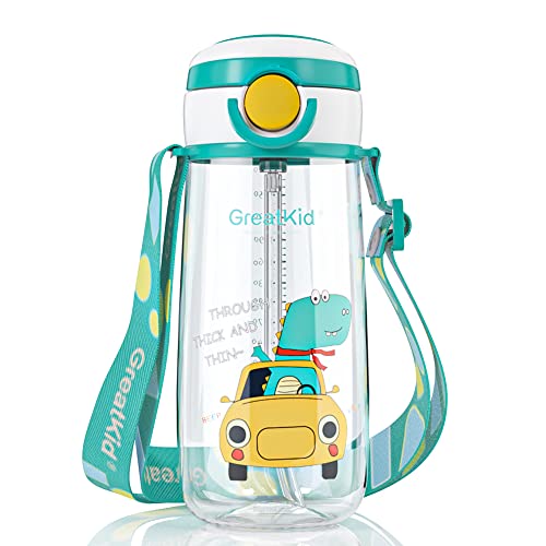Botella de Agua,500ml Botella Agua Deporte,Botella de Agua Niños y Niñas Sin BPA Tritan Botella Agua Niños con Pajita y Correa para Infantil, Escuela, Corrida, Senderismo y Actividades al Aire-verde