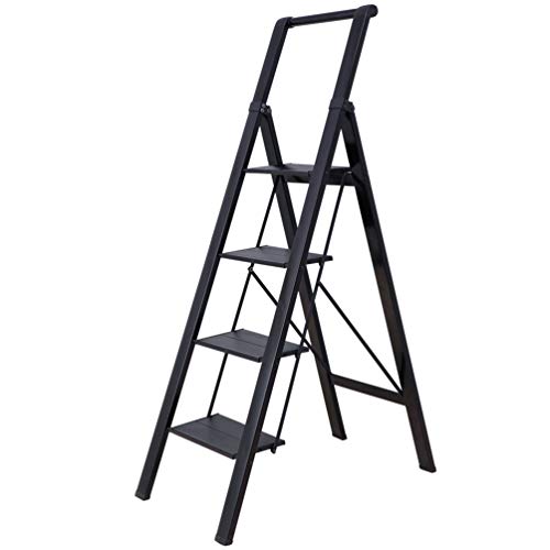 BAOYOUNI Escalera Aluminio 4 Peldaños Plegable Multifunción Escalerilla Doméstica con Empuñadura Práctica Taburete Portátil y Ancho Escalones Antideslizante, para Hogar, Oficina, Cocina, Garaje, Negro