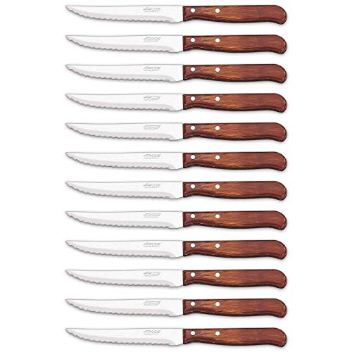Arcos Serie Latina Caja 12 uds Cuchillo chuletero, Hoja de Acero Inoxidable NITRUM de 105 mm, Mango de Madera comprimida Color marrón (12 UDS)