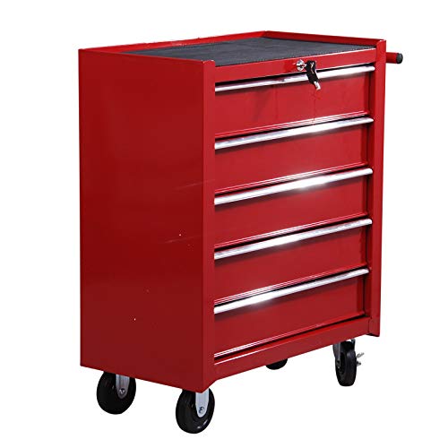 HOMCOM Carro Caja de Herramientas Taller movil con 5 cajones 4 Ruedas Chapa de Acero Rojo