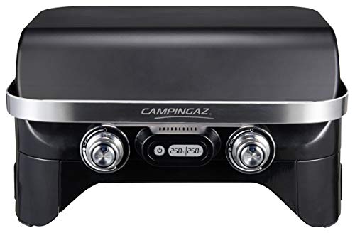 Campingaz Attitude 2100 LX - Barbacoa de gas portátil con 2 quemadores de acero, 5 kW de potencia, parrilla de gas para camping con tapa, termómetro y parrilla de hierro fundido, color negro