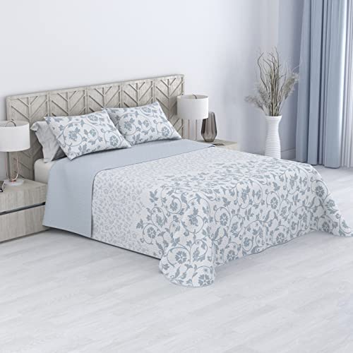 MERCURY TEXTIL- Colcha Bouti Estampada Hojas y Flores, para Verano y Entretiempo 100% Poliéster. Cubre Cama Fina, Ligera y Suave. (Cama 150/180-250x260cm, Flores Azul)
