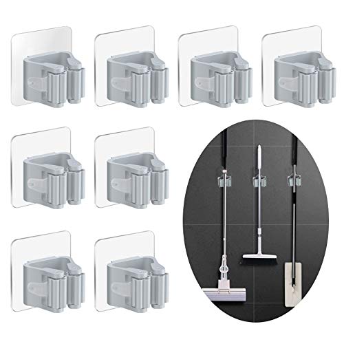 8 Piezas Colgador Escoba Pared, Ajustable Colgador Escoba y Fregona, Autoadhesivo Soporte Fregonas sin Perforar, Organizador para Herraminetas Limpias en Hogar Restaurante Oficina y Garaje (Gris)