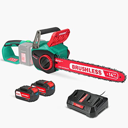 Motosierra Bateria Brushless, HYCHIKA 36V Motosierra Eléctrica con Motor Potente, 2*4.0Ah Baterías, 2 Velocidad, Espada 35.5 CM, con Diseño Seguro, Incluido Lubricante, Motosierra para Cortar Madera