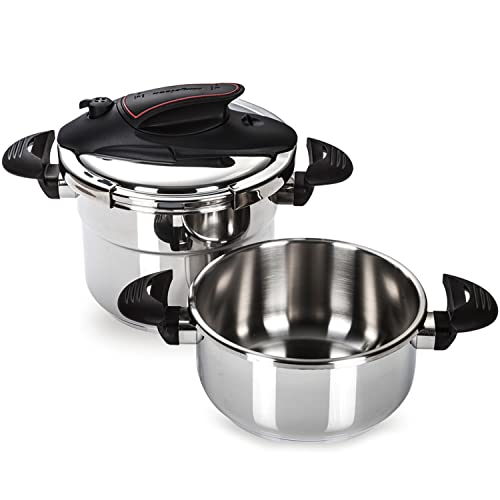 MAGEFESA ® Prisma olla a presión súper rápida de 4 y 6 litros, facil mecanismo de bloqueo, acero Inoxidable 18/10, apta para todo tipo de cocinas, incluido inducción, 5 sistemas de seguridad, express