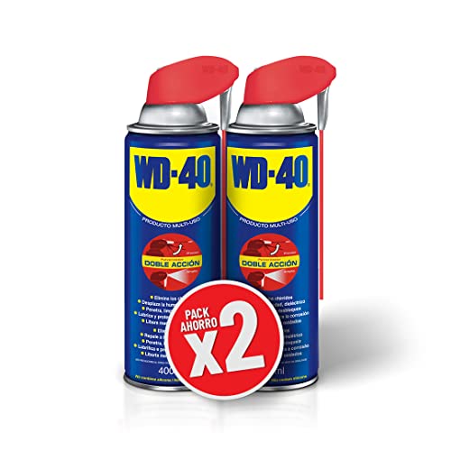 WD-40 Producto Multi-Uso Doble Acción- Spray 400ml-Pack x2 -Aplicación amplia o precisa. Lubrica, Afloja, Protege del óxido, Dieléctrico, Limpia metales y plásticos y Desplaza la humedad