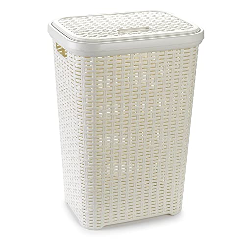 Tradineur - Cesto para ropa sucia con tapa y asas, pongotodo rattan de plástico, cubo para colada, imitación mimbre, hogar (Marfil, 60 litros, 61,5 x 42,5 x 34 cm)