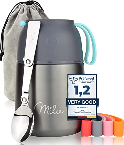 Milu Termo para Comida 450ml I 650ml I 800ml - Taza Aislada, Botella de Acero Inoxidable Aislada para Alimentos, Beber y sopa de los niños de adultos - A prueba de fugas Térmico (450ml/Gris)